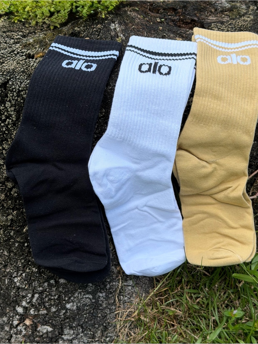 ALO Yoga Crew Socks - White, Mustard, Black (3-Pack) - Picture 5 of 6